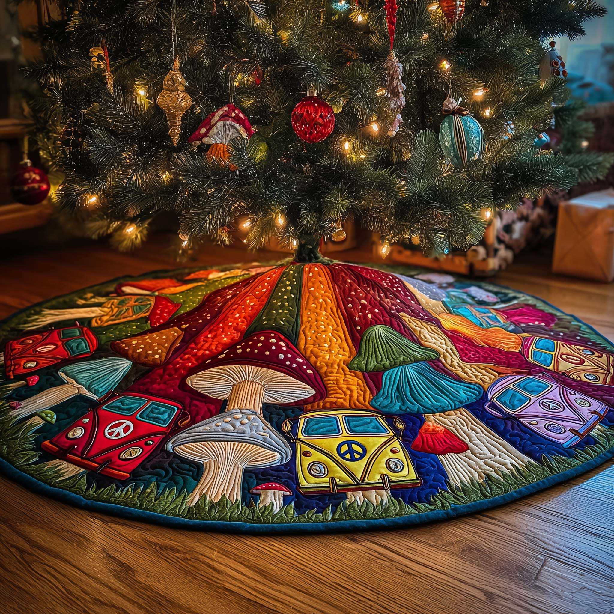 Groovy Mushroom Quilted Tree Skirt Hippie Home Decor Christmas Gift Ideas