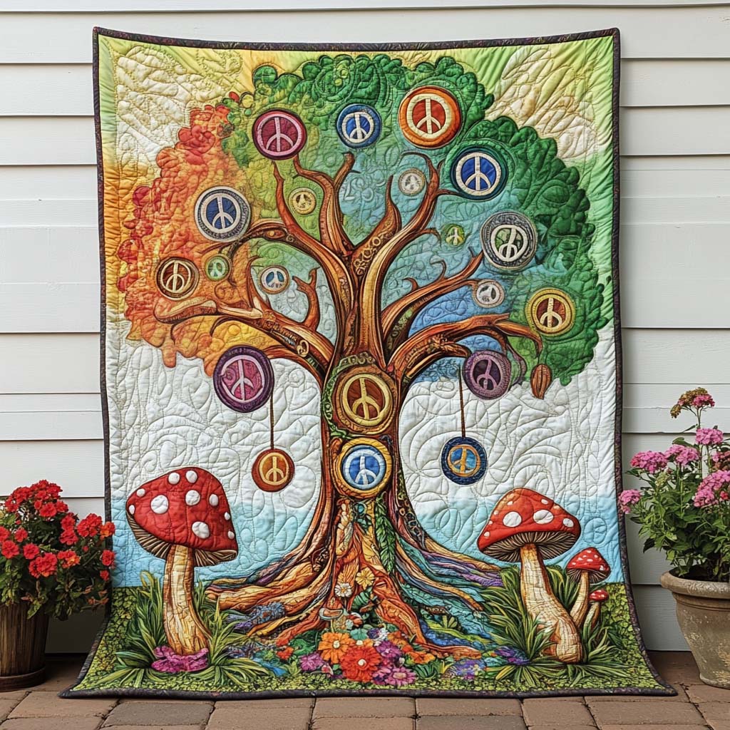 Groovy Mushroom Tree Quilted Blanket Xmas Holiday Hippie Style Gifts