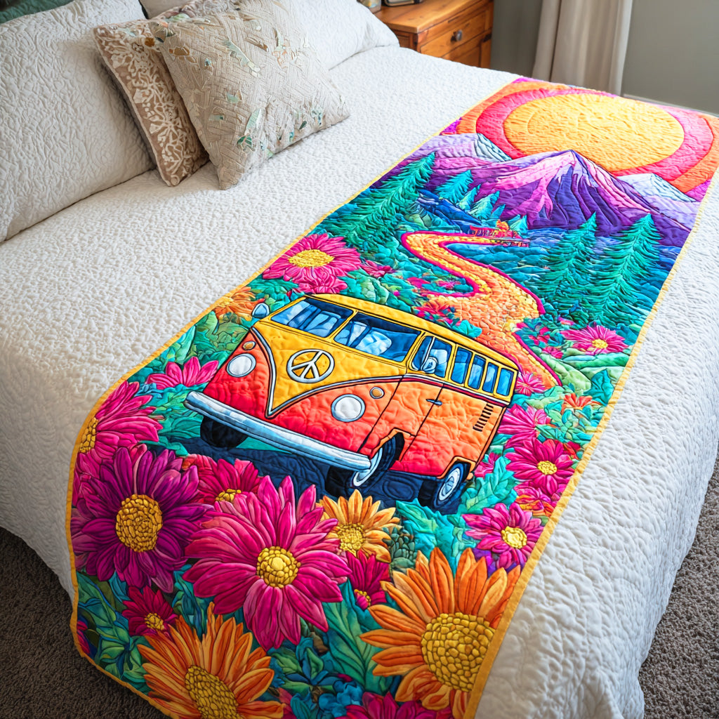 Groovy Truck Trail Quilted Bed Runner Cozy Bedroom Decor Best Gifts For Hippies