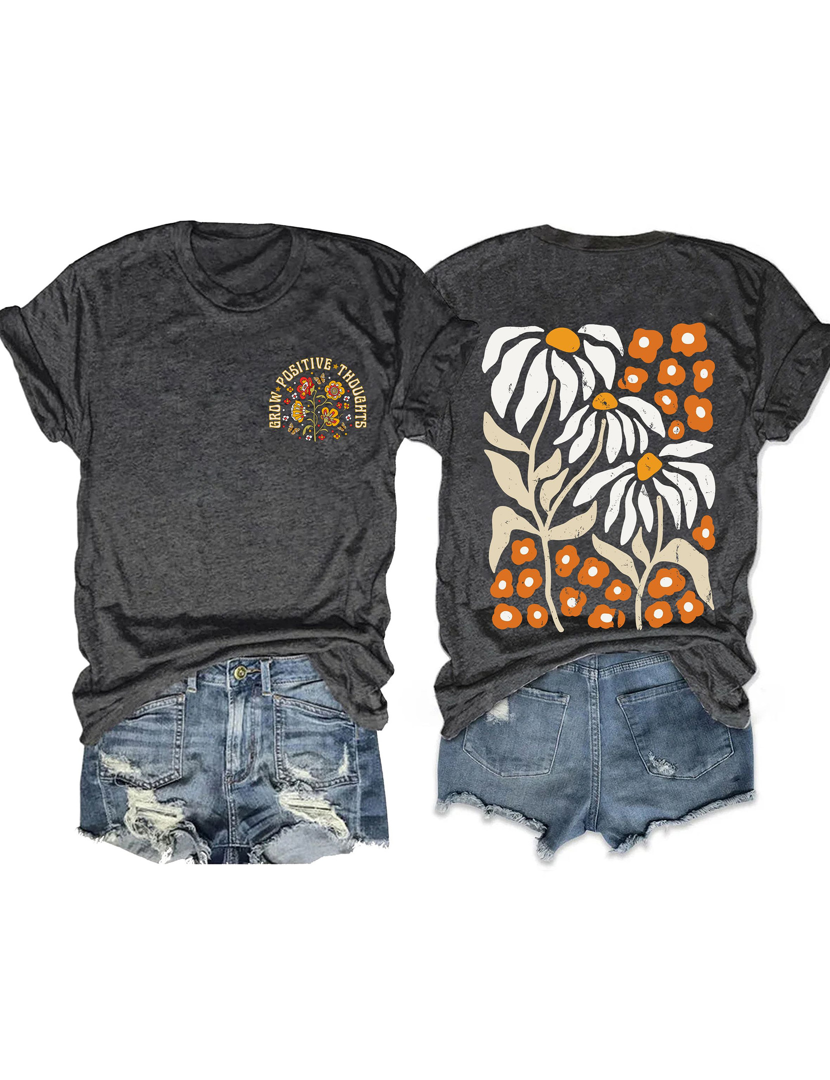 Grow Positive Thoughts Vintage Wildflowers T-Shirt Flower Pattern Trendy Shirt Present Ideas