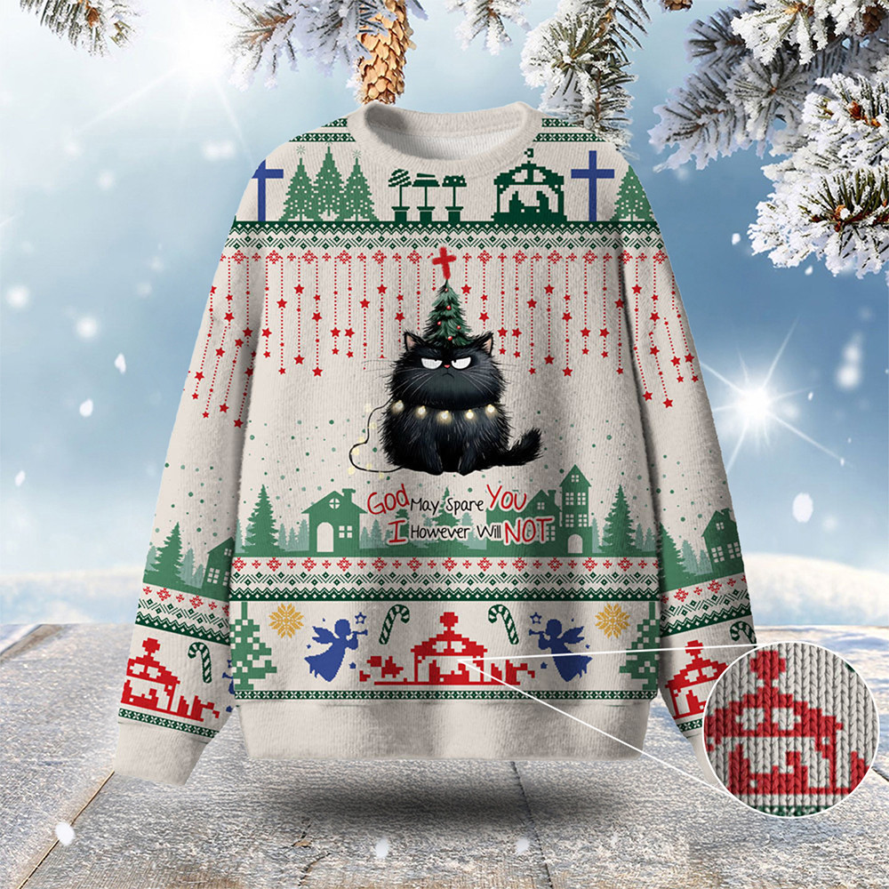 Grumpy Cat God May Spare You Ugly Christmas Sweater Winter Apparel Cat Owner Xmas Gifts