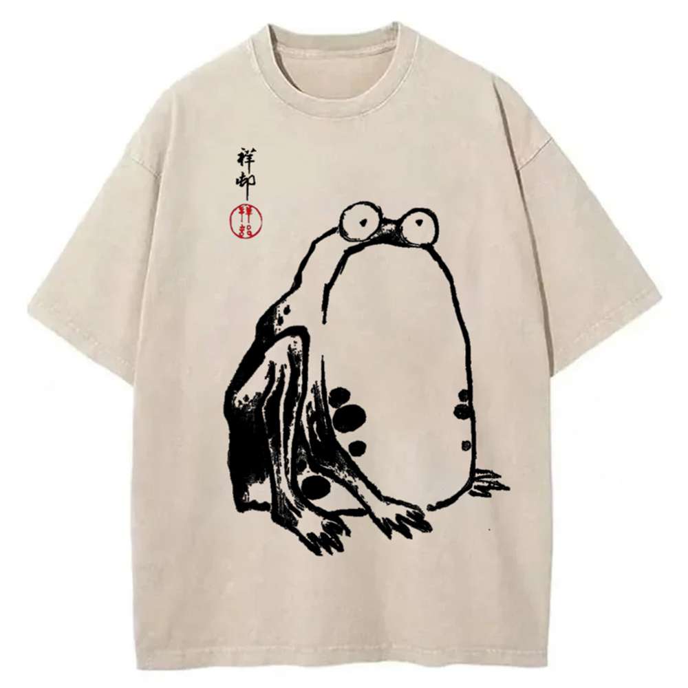 Grumpy Frog Aesthetic Japanese Art Washed T-Shirt Retro Streetwear Graphic Top Gifts For BFF