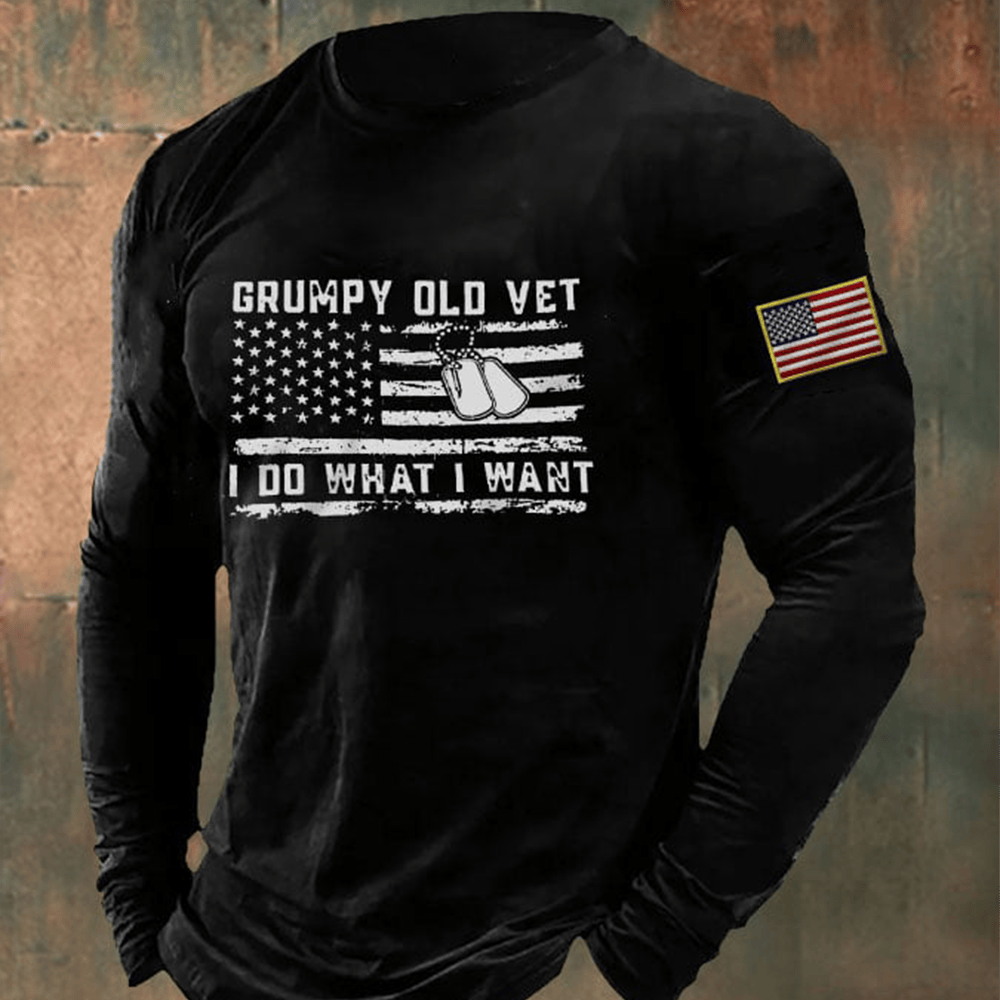 Grumpy Old Vet I Do What I Want Print Long Sleeve Shirt Patriotic Clothing Gifts For Him