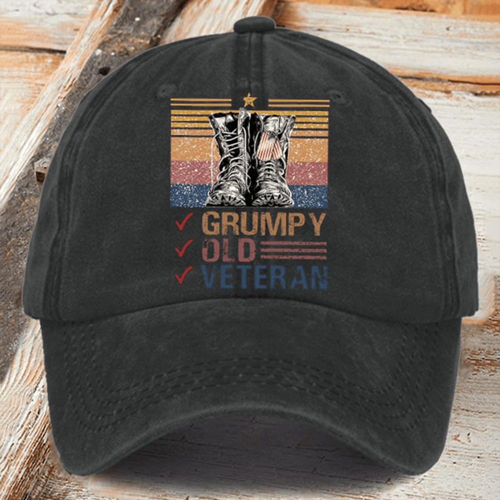 Grumpy Old Veteran Hat Military Boots Pattern Patriotic Veteran Cap Gifts For Dad