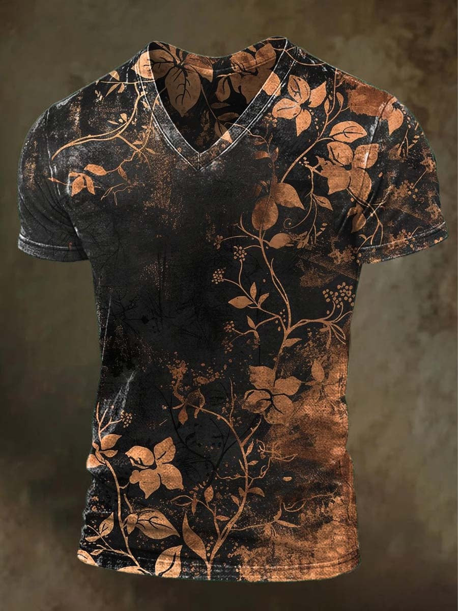 Grunge Floral V-Neck Shirt Artistic Brown Black Grunge Graphic Tee Gift For Men