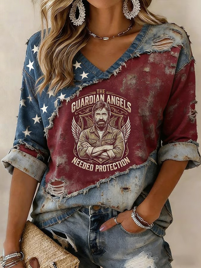 Guardian Angels Needed Protection Long Sleeve V-Neck Shirt Women Chuck Norris Patriot Fan Gift