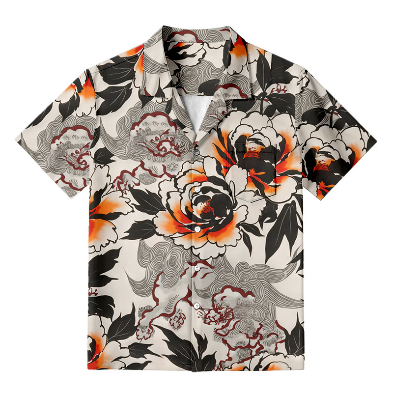 Guardian Beast And Royal Peony Hawaiian Shirt Retro Japanese Art Shirt Best Gifts For Art Lovers
