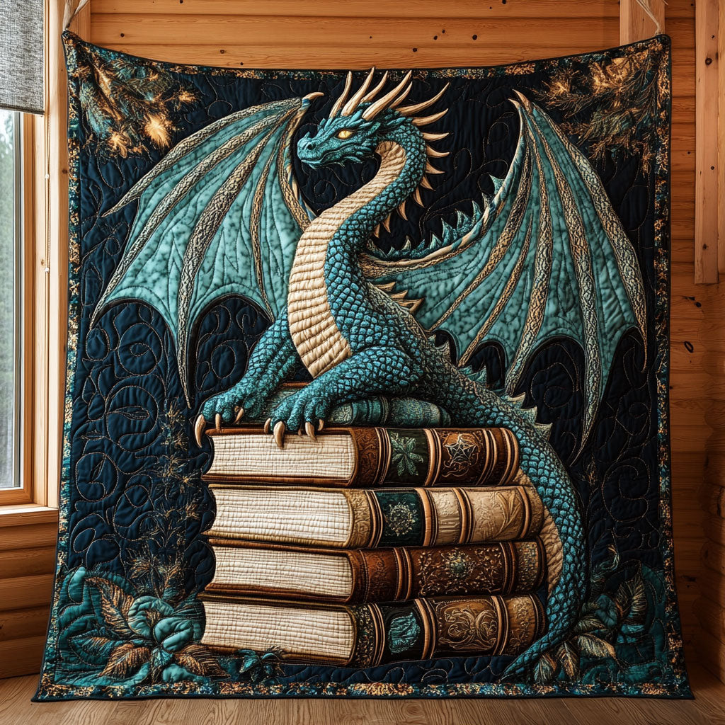 Guardian Dragon on Tomes Quilted Blanket Best Throw Blanket Dragon Gifts For Her