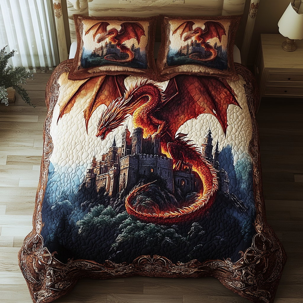Guardian Flame Quilted Bedding Set Bed Room Decoration Dragon Themed Gifts