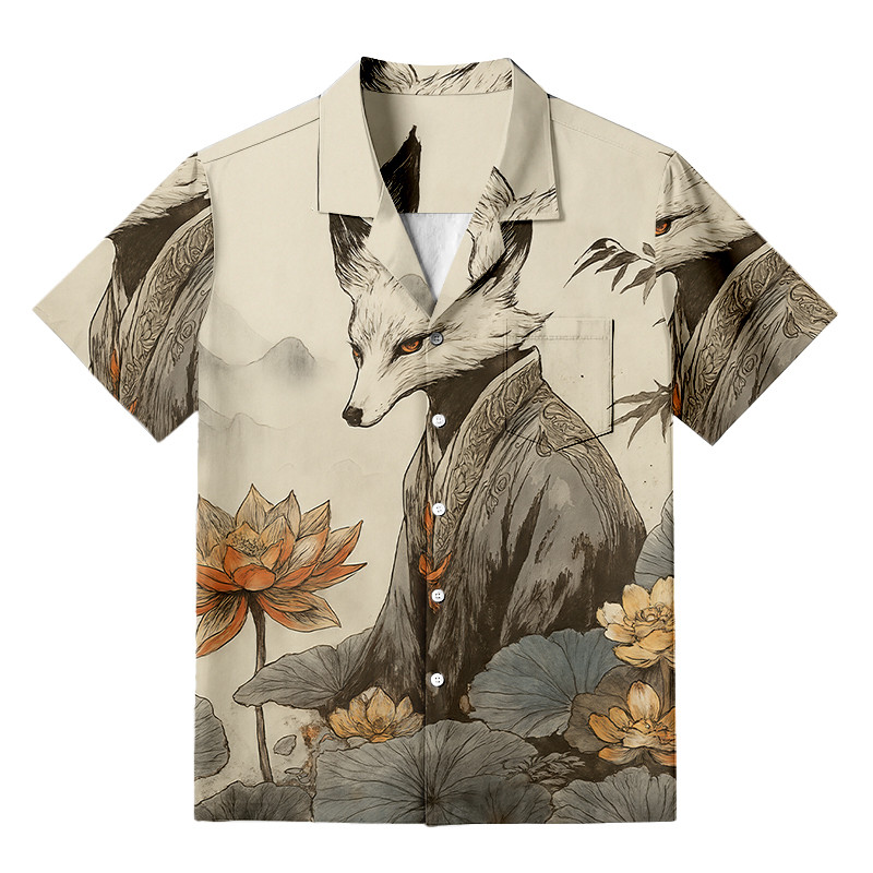 Guardian Of The Lotus Realm Button Up Shirt Japanese Inspired Design Art Themed Shirt Fox Gifts