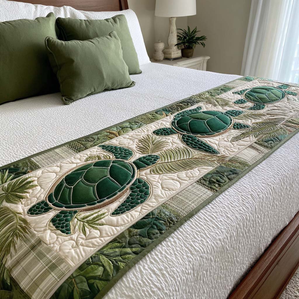 Guardian of the Reef Quilted Bed Runner Cool Bedroom Decor Gifts For Sea Turtle Lovers