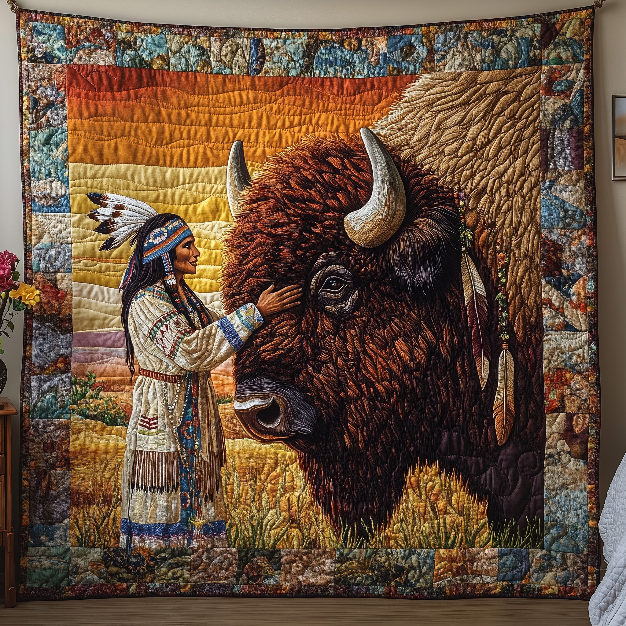 Guardians of the Land Quilted Blanket Cute Bed BlanketNative American Themed Gifts