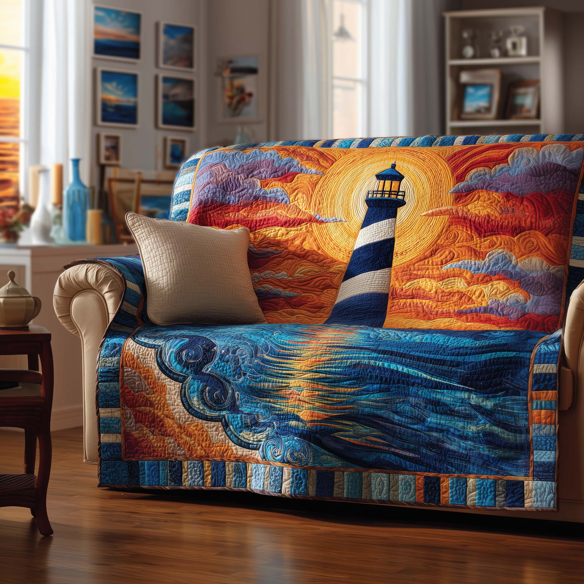 Guiding Light Quilted Sofa Cover Illuminating Guiding Star Design Unique Lighthouse Gifts