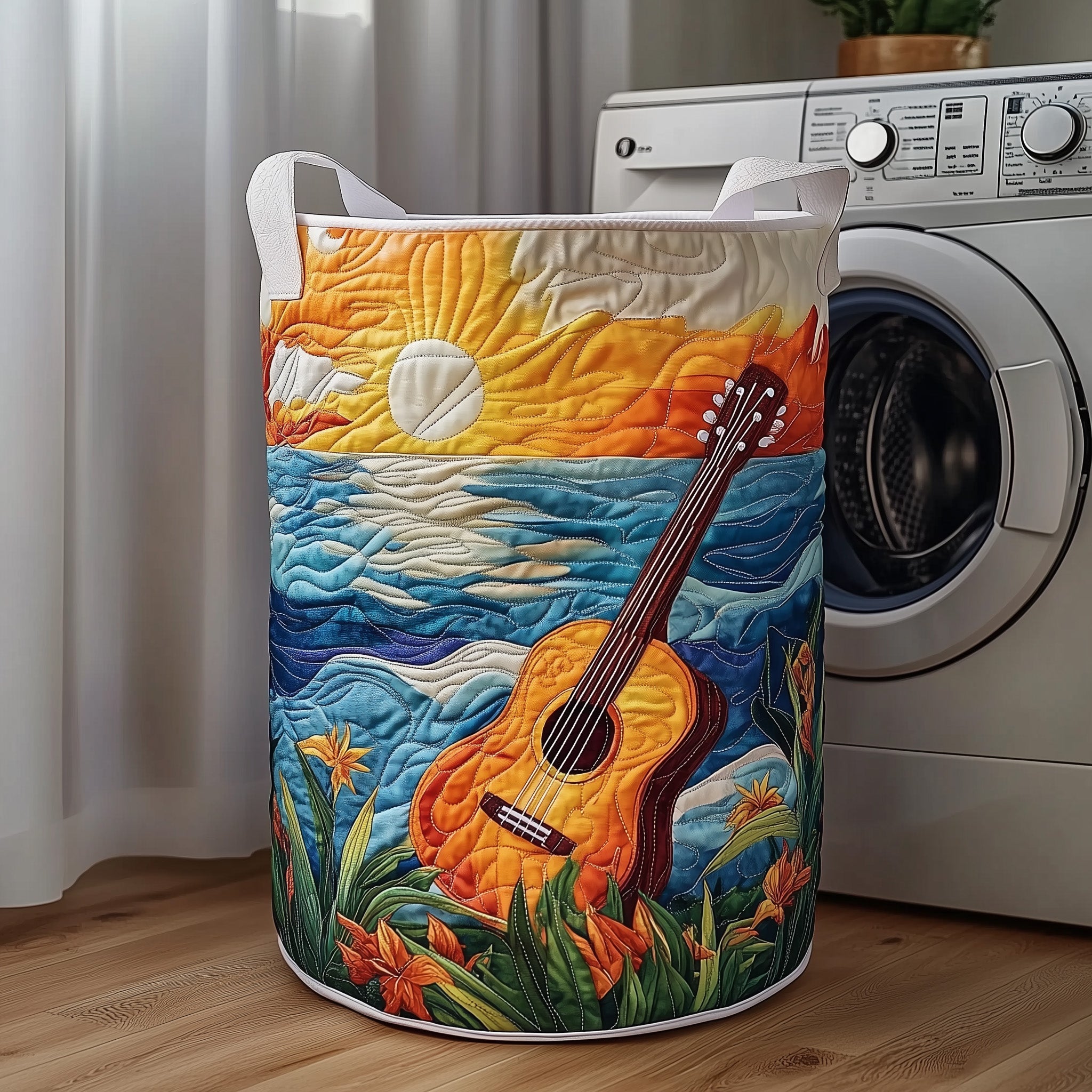 Guitar At Sunset Quilted Laundry Basket Birthday Merch Gift
