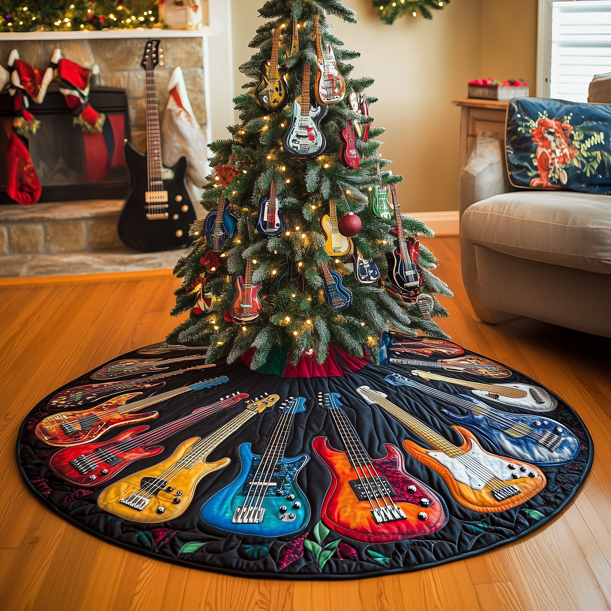 Guitar Bass Quilted Tree Skirt Holiday Christmas Tree Base Guitar Lovers Xmas Gifts For Him