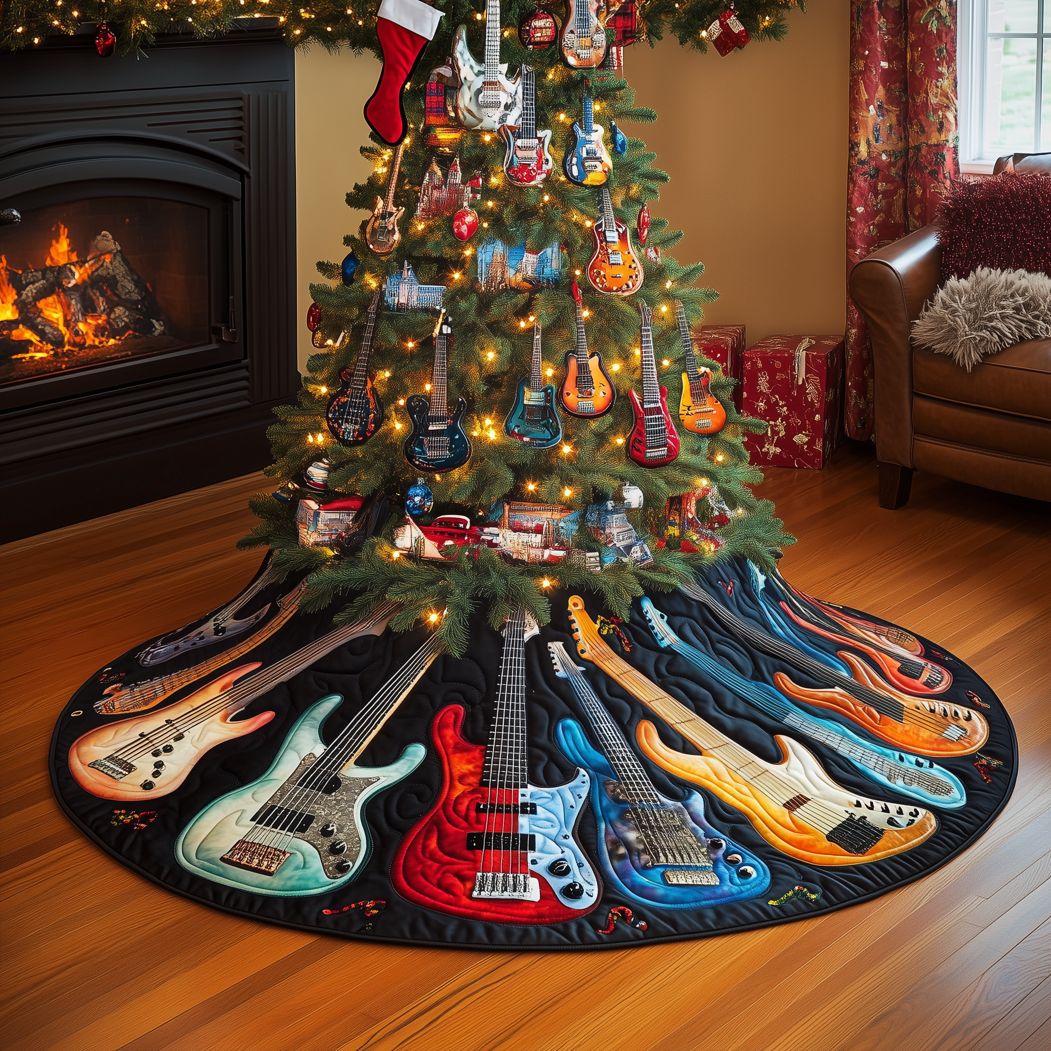 Guitar Bass Quilted Tree Skirt Holiday Christmas Tree Base Guitar Lovers Xmas Gifts For Him