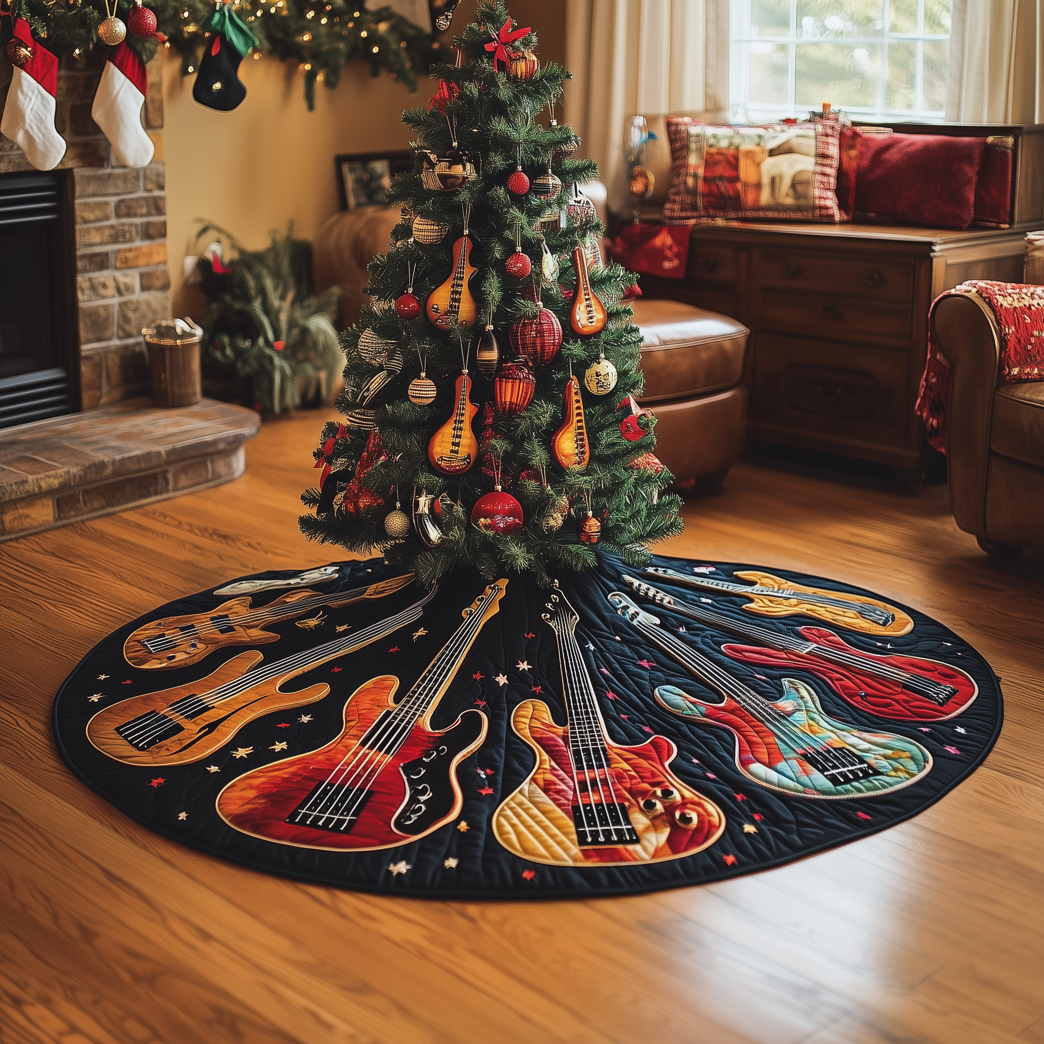 Guitar Bass Quilted Tree Skirt Holiday Christmas Tree Base Guitar Lovers Xmas Gifts For Him