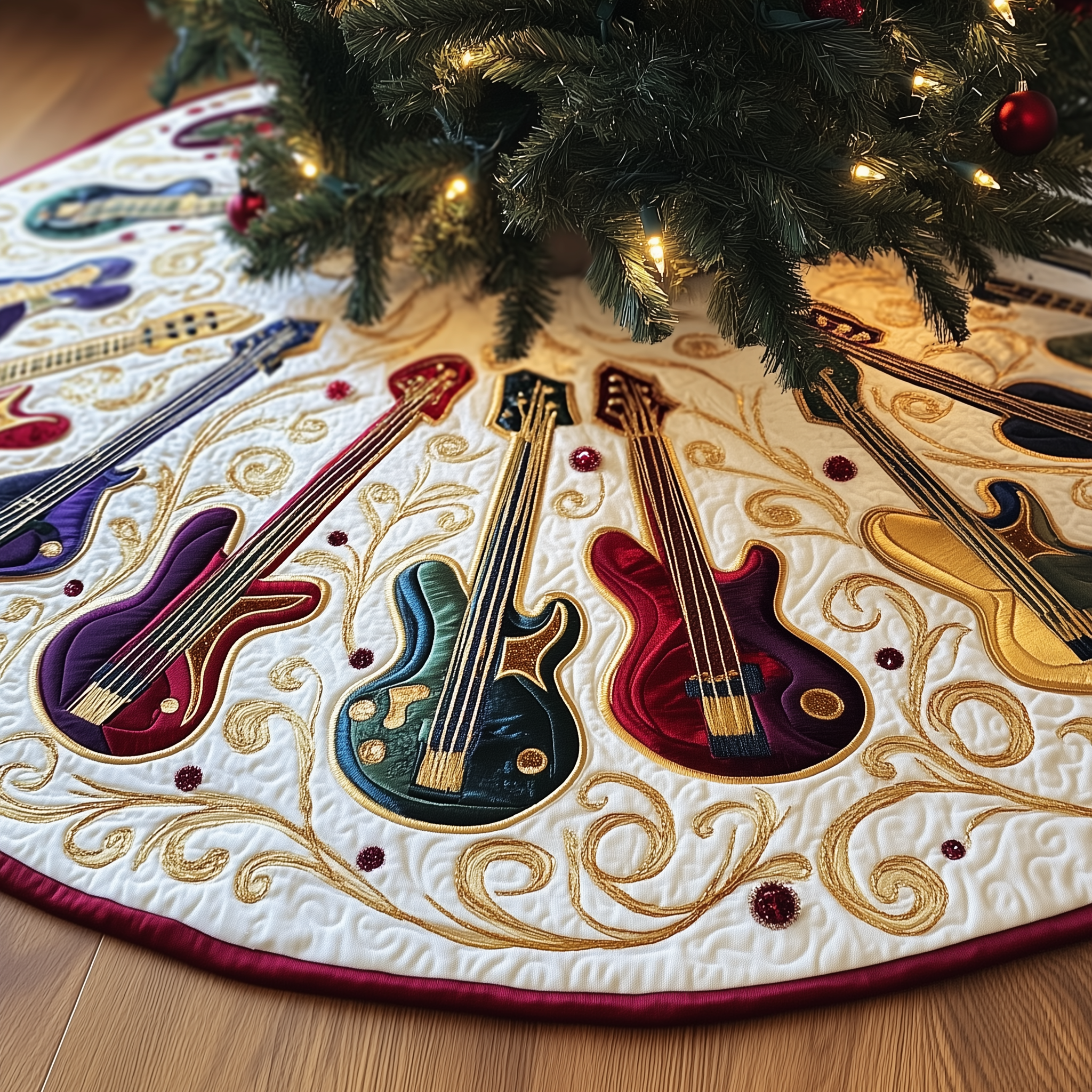Guitar Bass Quilted Tree Skirt  Holiday Tree Skirt Xmas Decorations Secret Santa Gifts For Guitarists