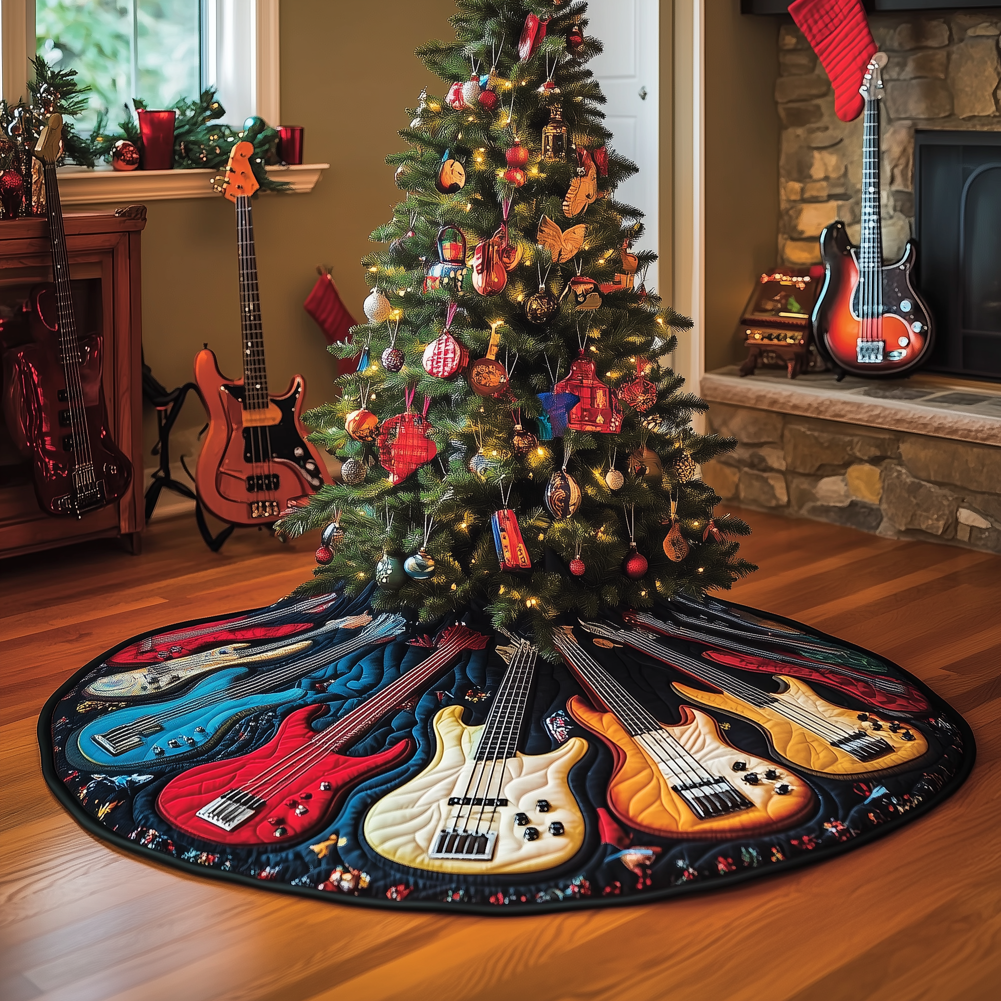 Guitar Bass Quilted Tree Skirt Warm Gift Merch For Family