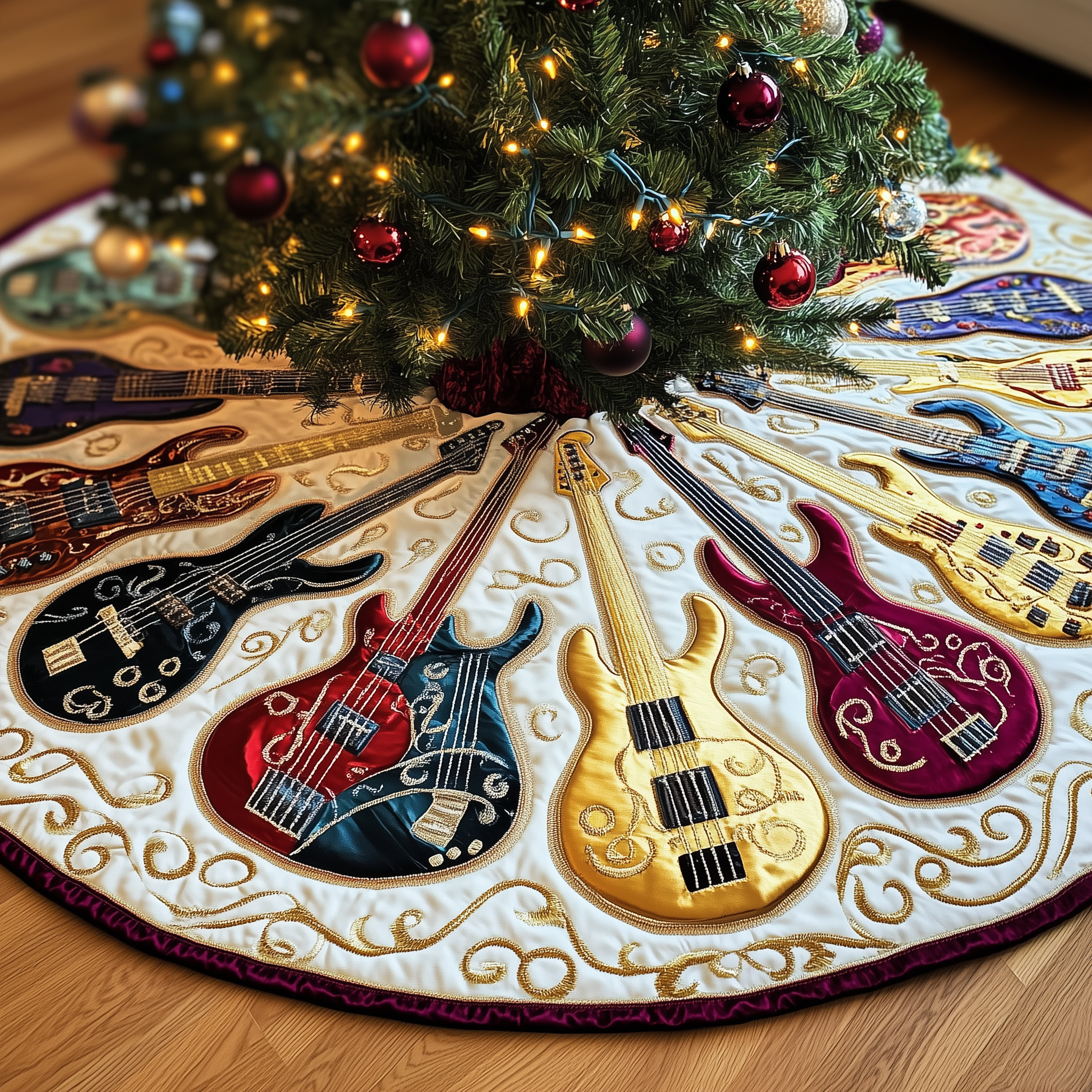 Guitar Bass Quilted Tree Skirt Xmas Tree Surround Decorations Best Guitar Themed Christmas Gifts