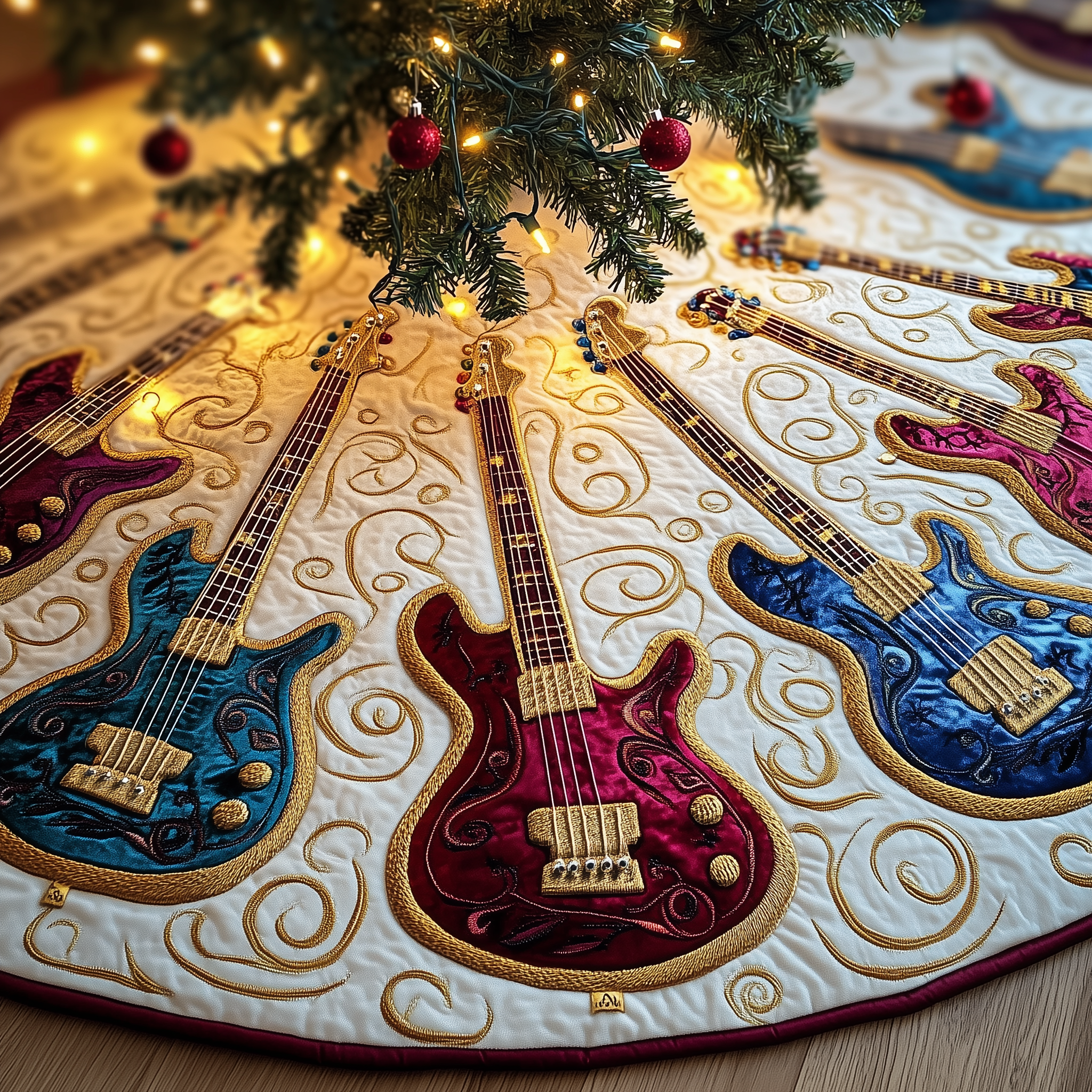 Guitar Bass Quilted Tree Skirt Xmas Tree Surround Decorations Best Guitar Themed Christmas Gifts