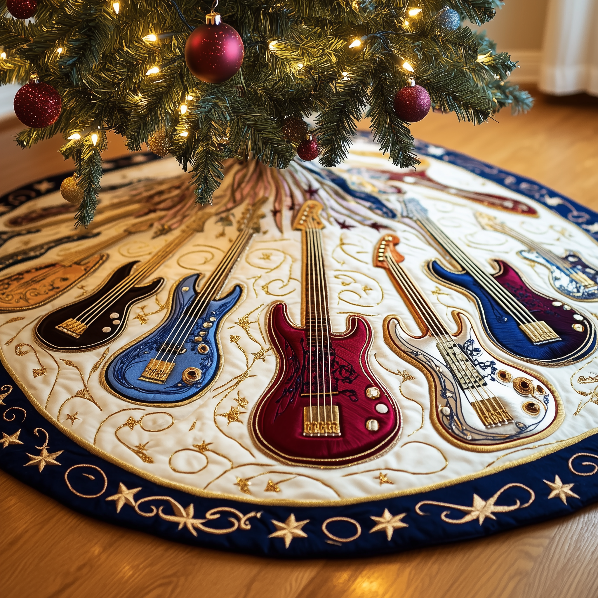 Guitar Bass Quilted Tree Skirt Xmas Tree Surround Decorations Best Guitar Themed Christmas Gifts