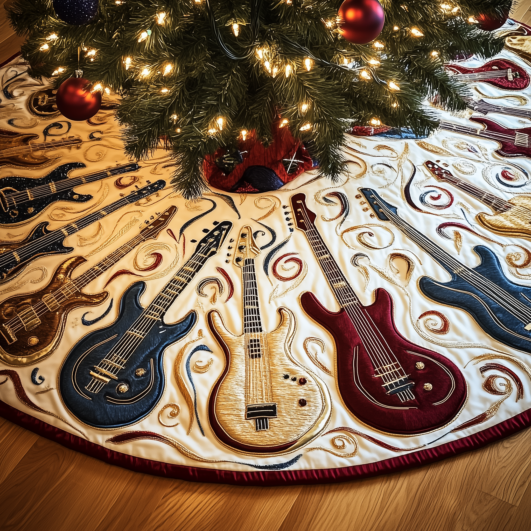 Guitar Bass Quilted Tree Skirt Xmas Tree Surround Decorations Best Guitar Themed Christmas Gifts