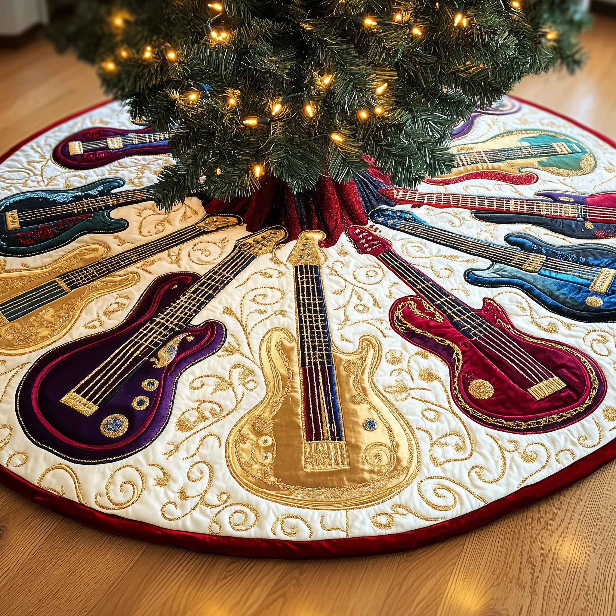 Guitar Bass Quilted Tree Skirt Xmas Tree Surround Decorations Best Guitar Themed Christmas Gifts