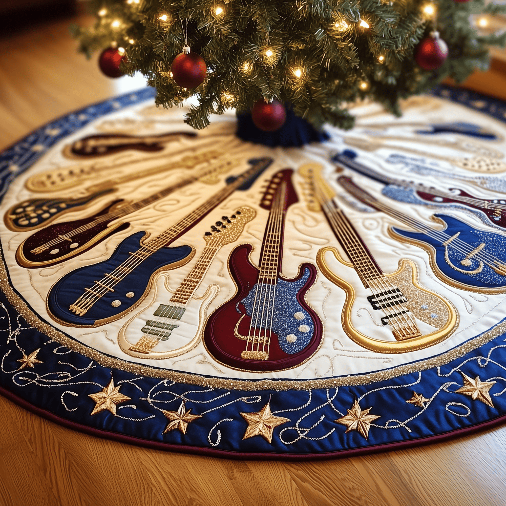 Guitar Bass Quilted Tree Skirt Xmas Tree Surround Decorations Best Guitar Themed Christmas Gifts