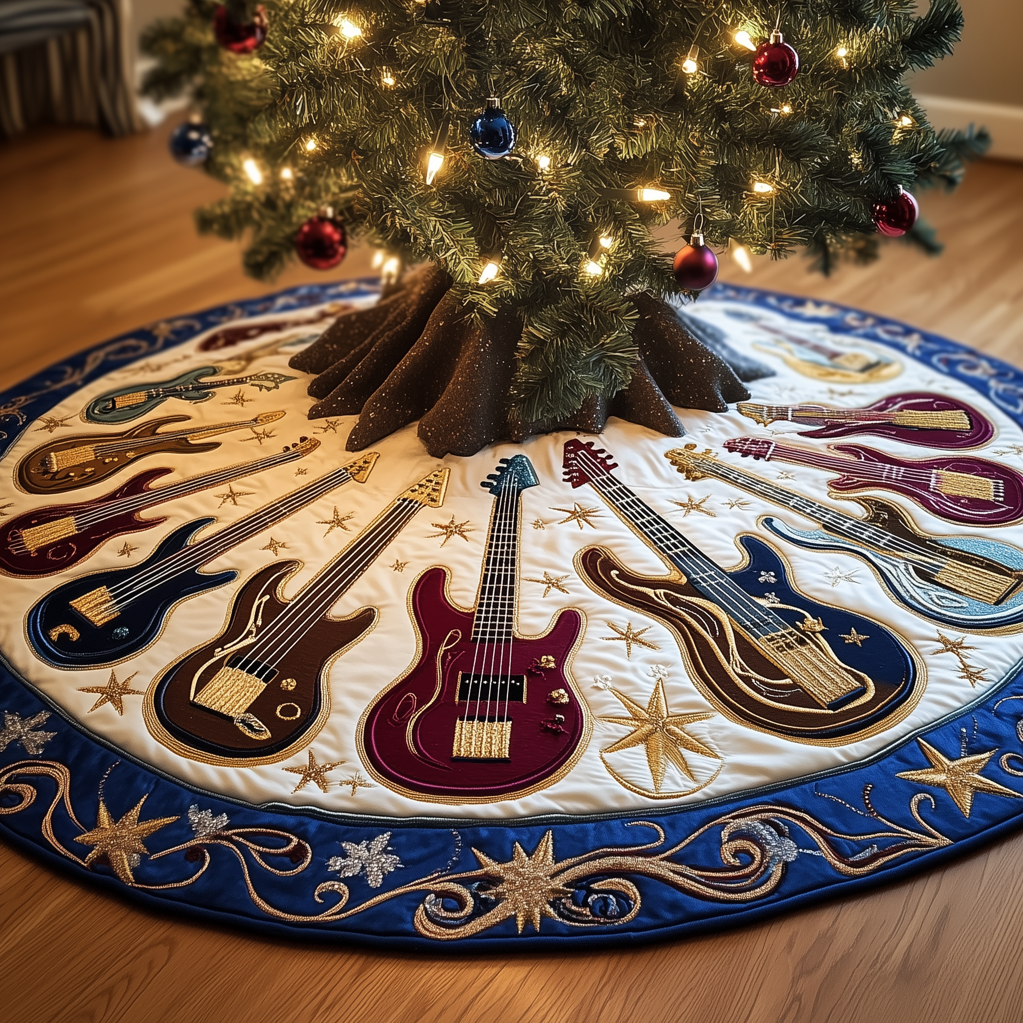 Guitar Bass Quilted Tree Skirt Xmas Tree Surround Decorations Best Guitar Themed Christmas Gifts