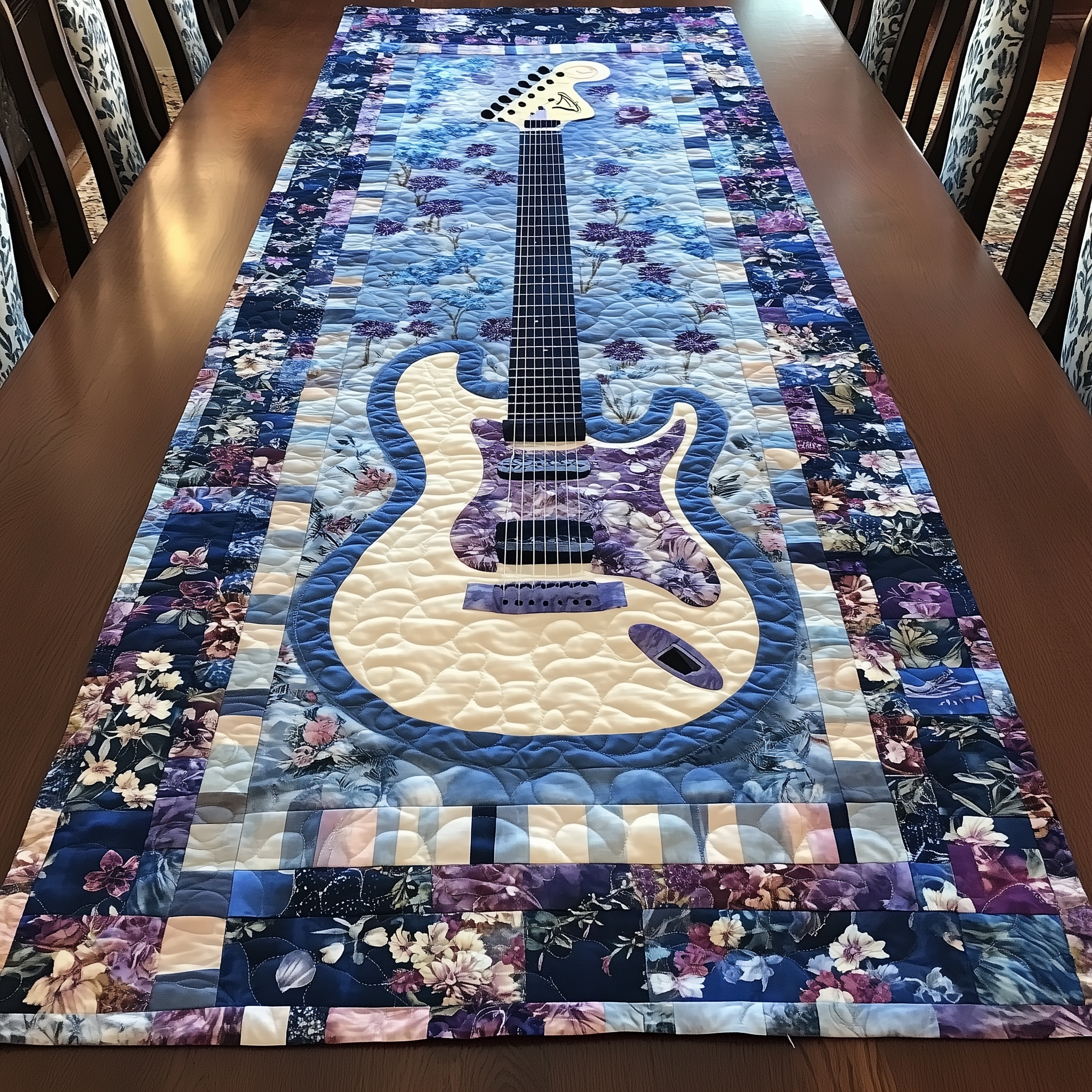 Guitar Blue Quilted Table Runner Best Christmas Xmas Gifts For Guitar Players