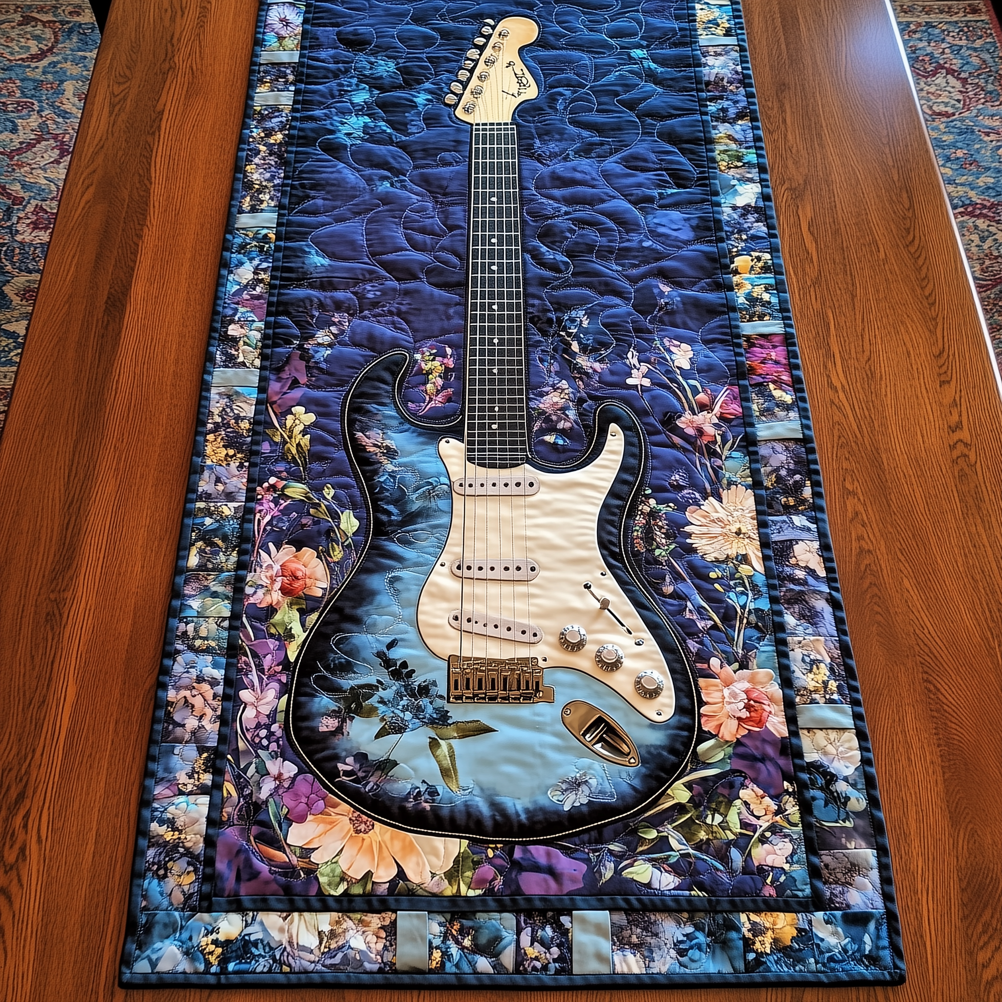 Guitar Blue Quilted Table Runner Dining Table Runner Merchandise Decorations Guitar Gifts