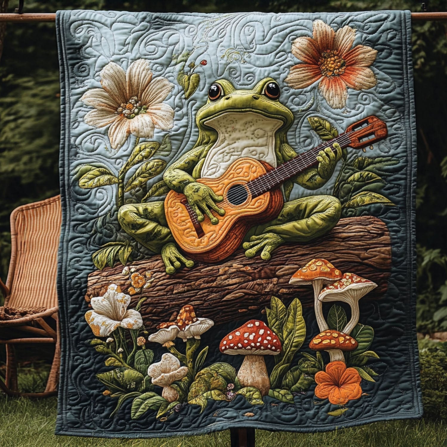 Guitar Frog Groove Quilted Blanket Cute Throw Blanket Frog Themed Gifts For Adults