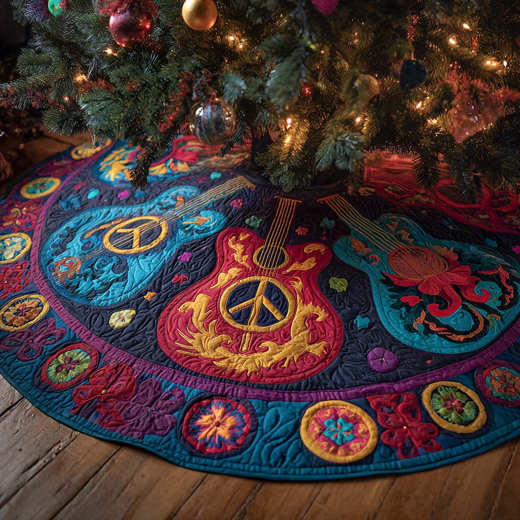 Guitar Harmony Christmas Quilted Tree Skirt Holiday Decorations Indoor Family Xmas Presents