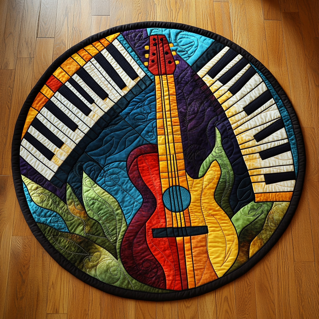 Guitar Harmony Quilted Round Mat Theme Christmas Presents For Guitarists