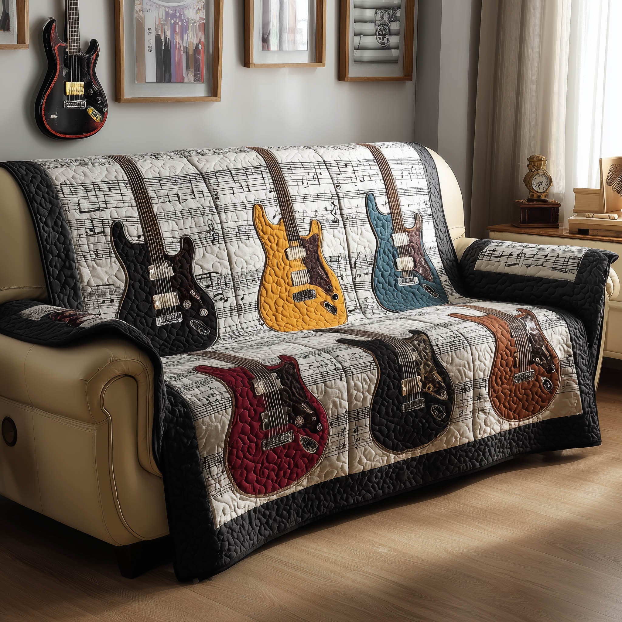 Guitar Harmony Quilted Sofa Cover Acoustic Instrument Music Lover Novelty Guitar Gifts