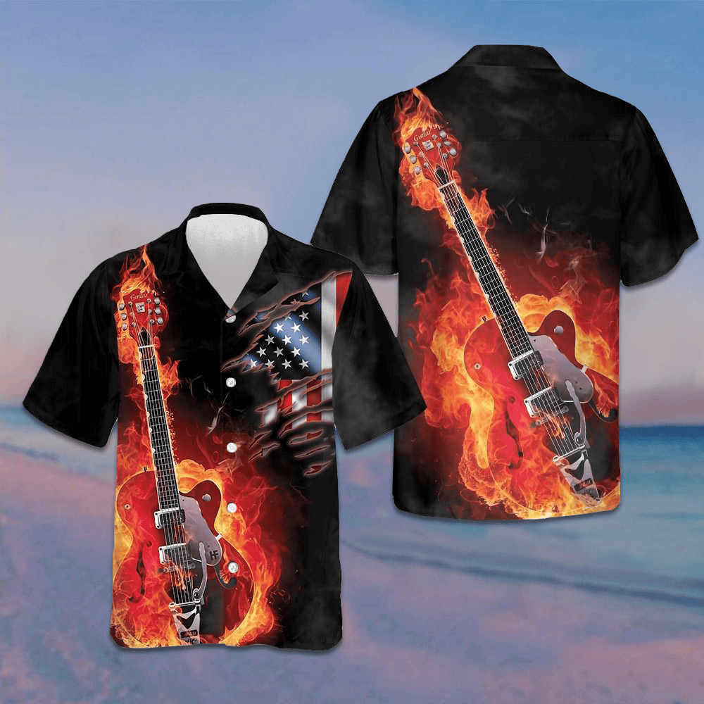 Guitar On Fire Hawaiian Shirt American Flag Button Up Shirts For Men Gifts For Guitar Lovers Guitar On Fire Hawaiian Shirt American Flag Button Up Shirts For Men Gifts For Guitar Lovers