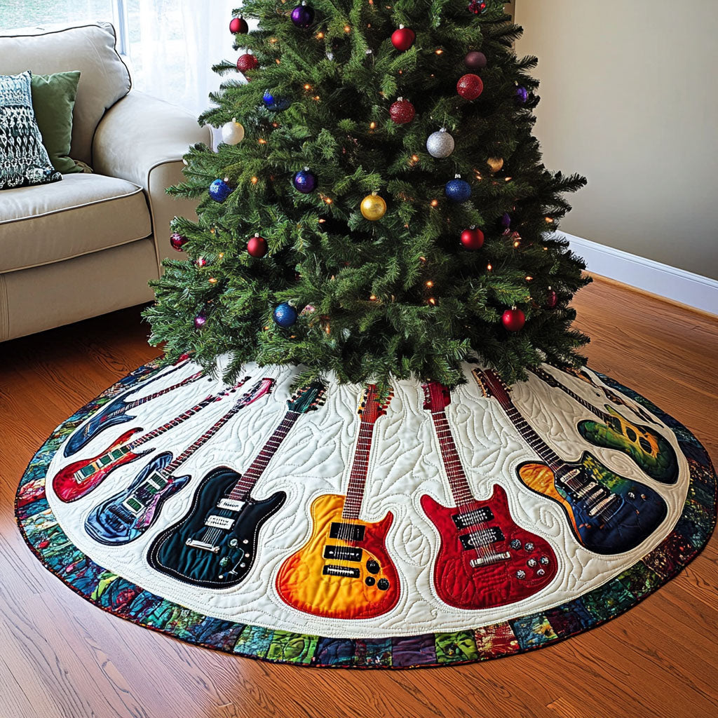 Guitar Pulse Quilted Christmas Tree Skirt Holiday Party Decor for Home Under-Tree Christmas Decor