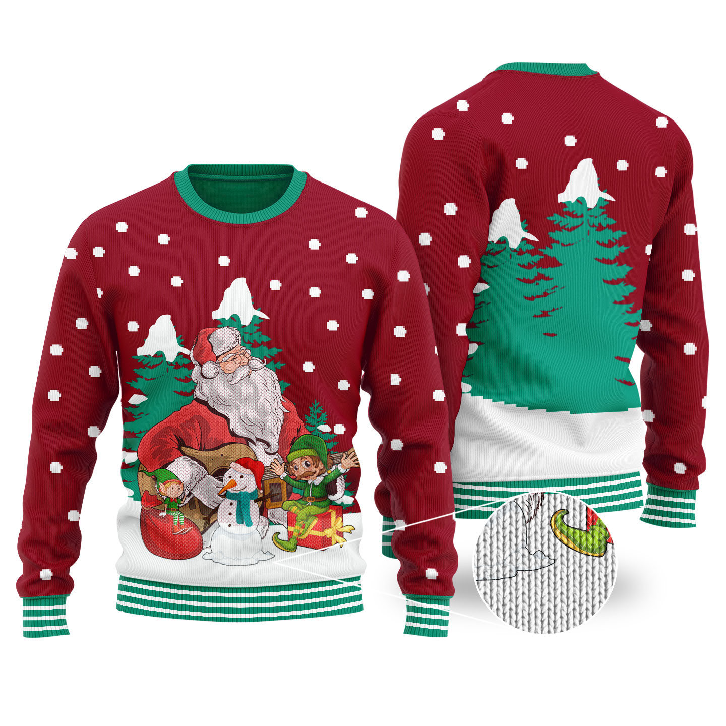 Guitar Santa Elf Cardinal Red Ugly Christmas Sweater Funny Xmas Sweater for Ugly Sweater Parties