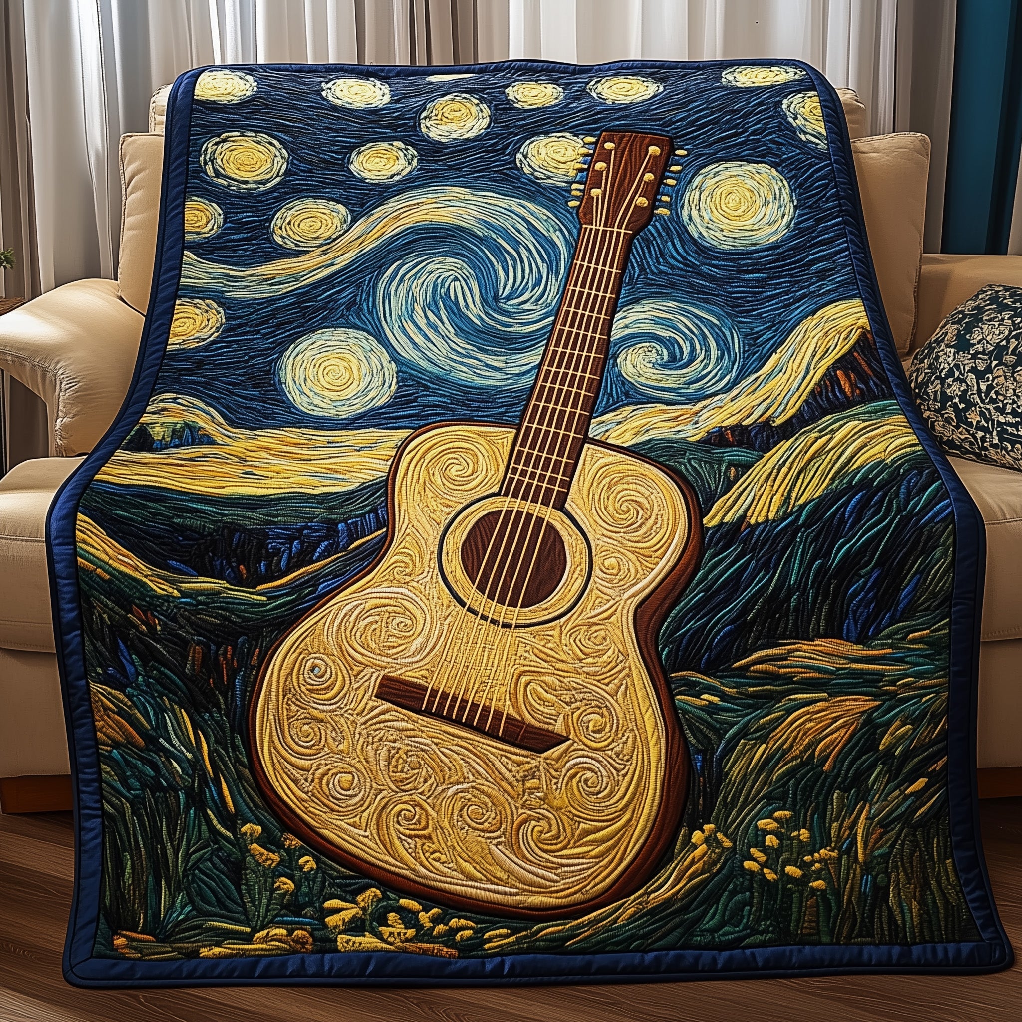 Guitar Starry Night Quilted Blanket Cute Soft BlanketBest Gifts For Guitar Players