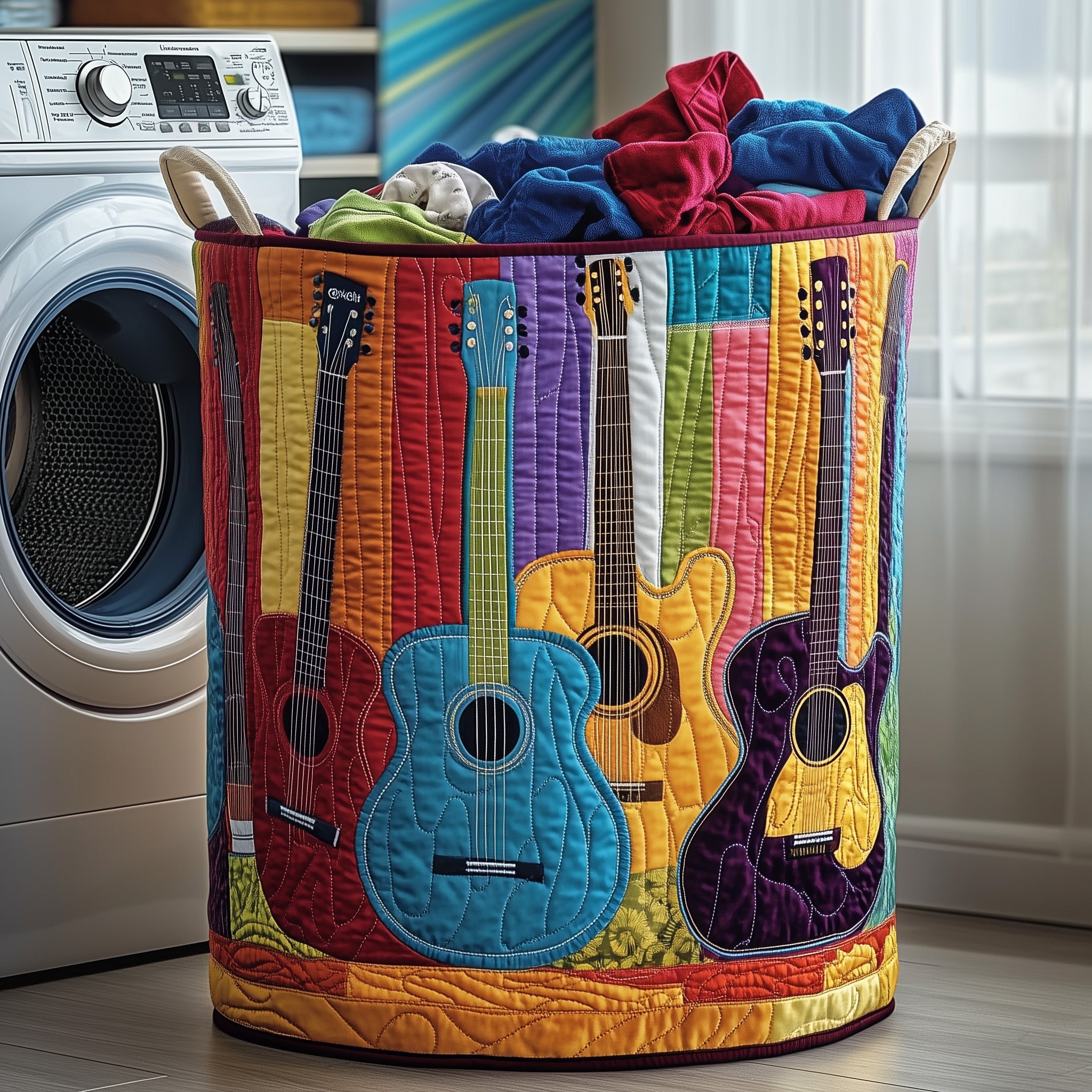 Guitar Sunshine Quilted Laundry Basket Adorable Music Tool Gift For Guitar Players