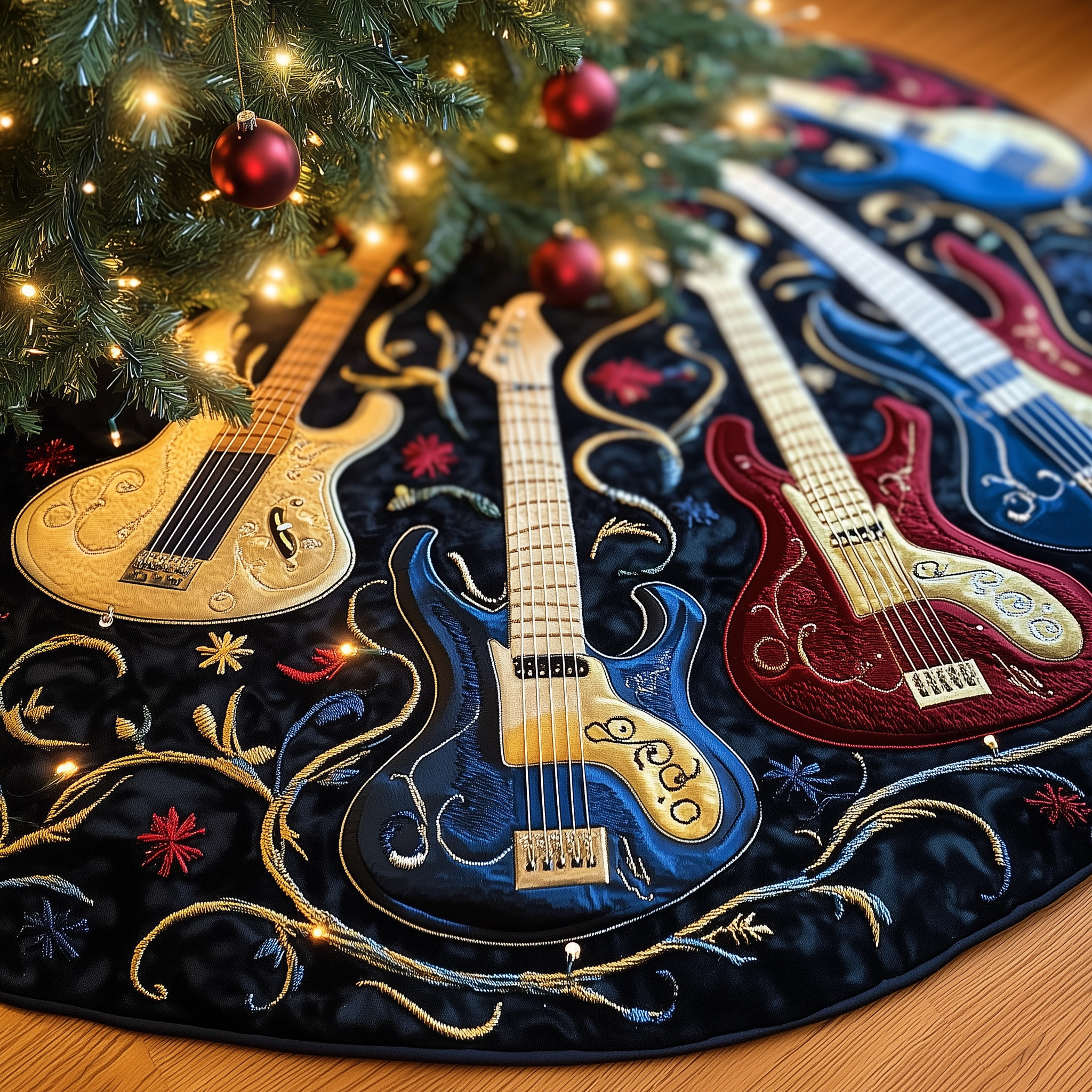 Guitar Xmas Tree Base Cover Quilted Music Theme Holiday Decor Gift for Music Lovers