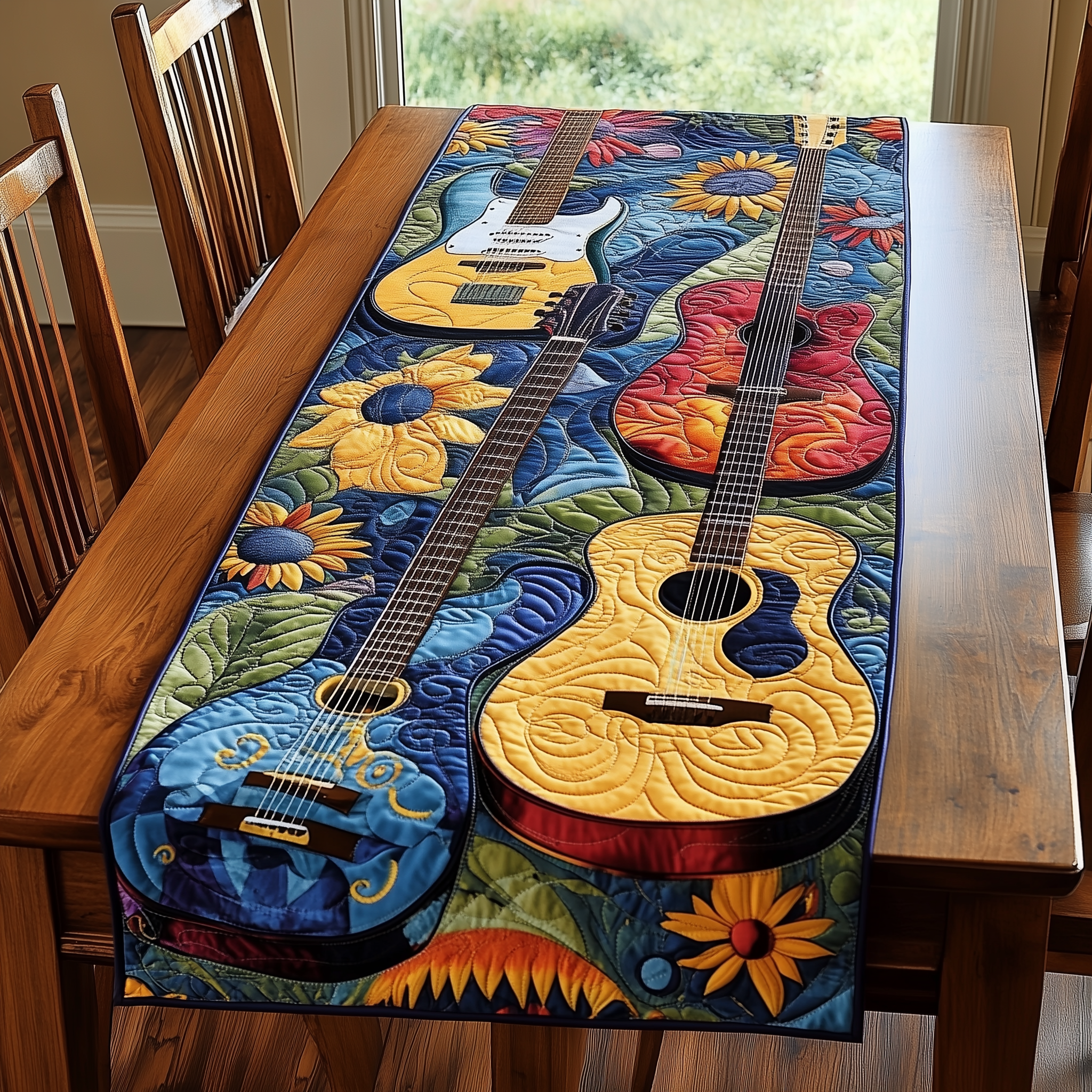 Guitarist's Garden Quilted Table Runner Best Themed Stuff Gifts For Guitar Lovers