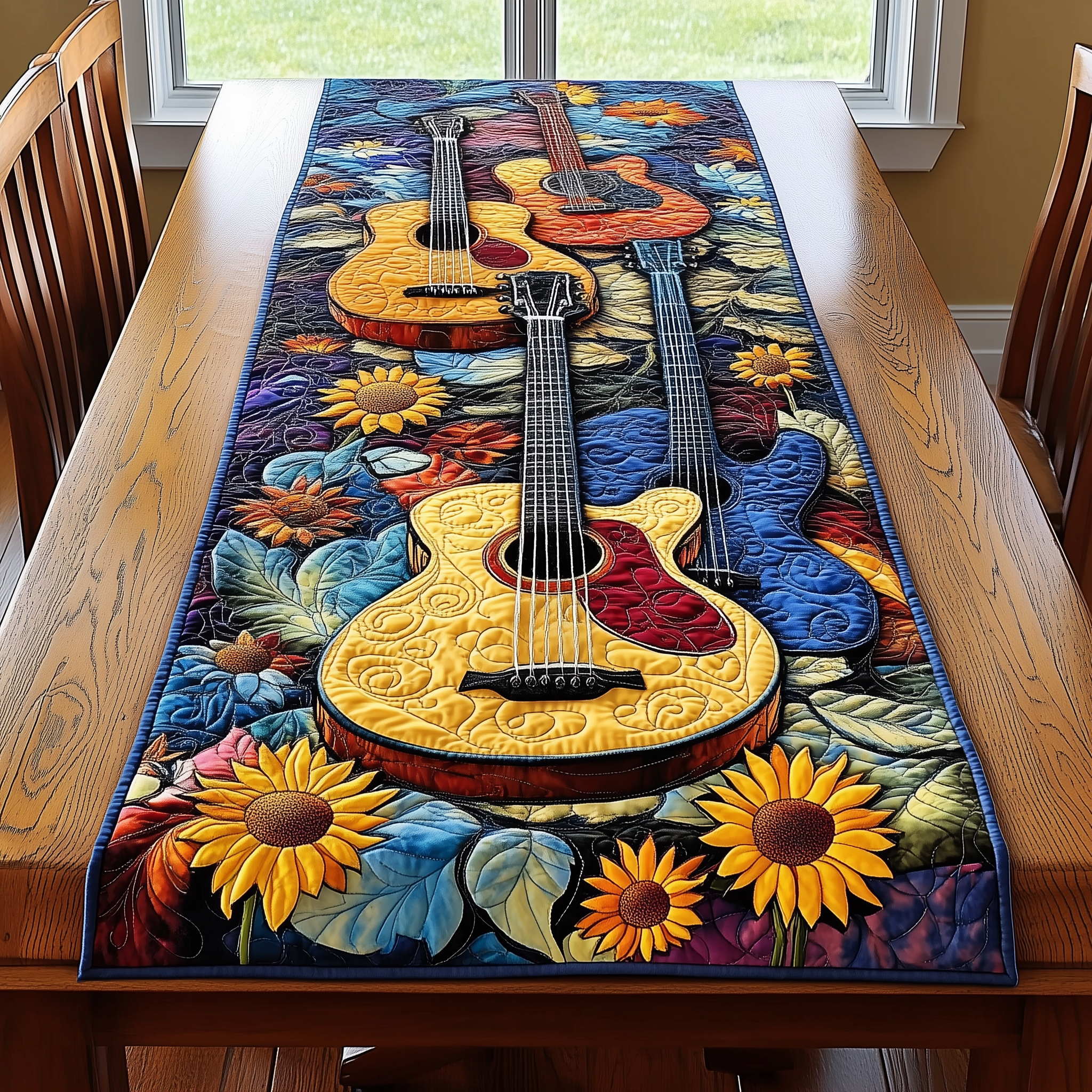 Guitarist's Garden Quilted Table Runner Modern Dining Table Runner Christmas Gifts For Guitar Players