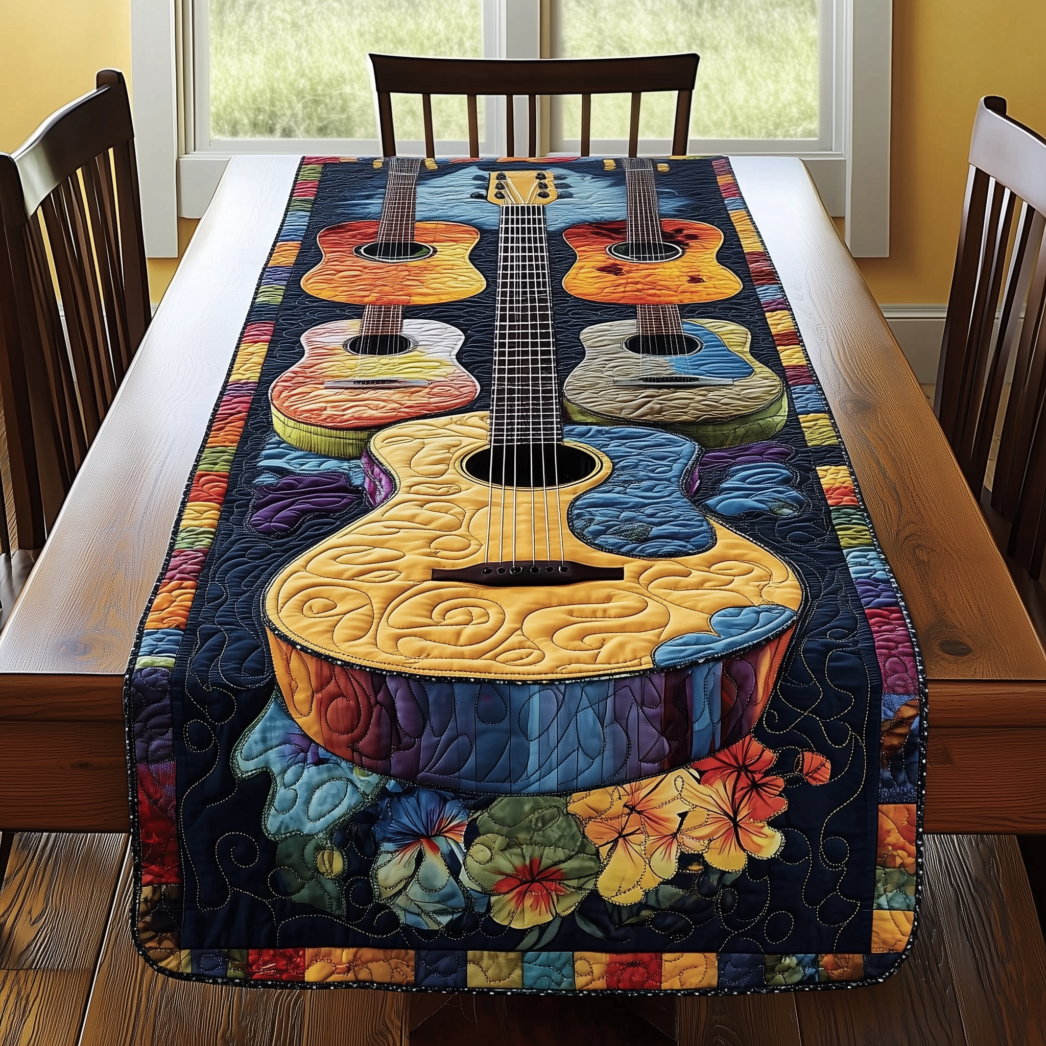 Guitarist's Garden Quilted Table Runner Unique Gifts For Guitar Lovers For Him