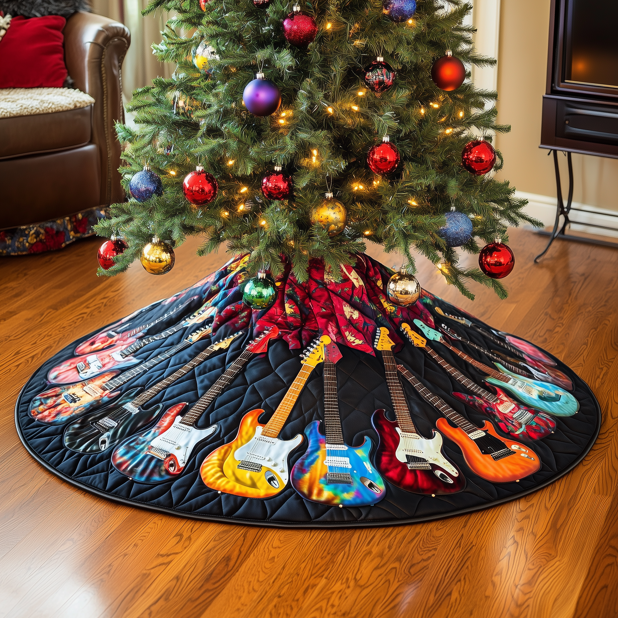 Guitars Quilted Tree Skirt Beautiful Christmas Home Merch