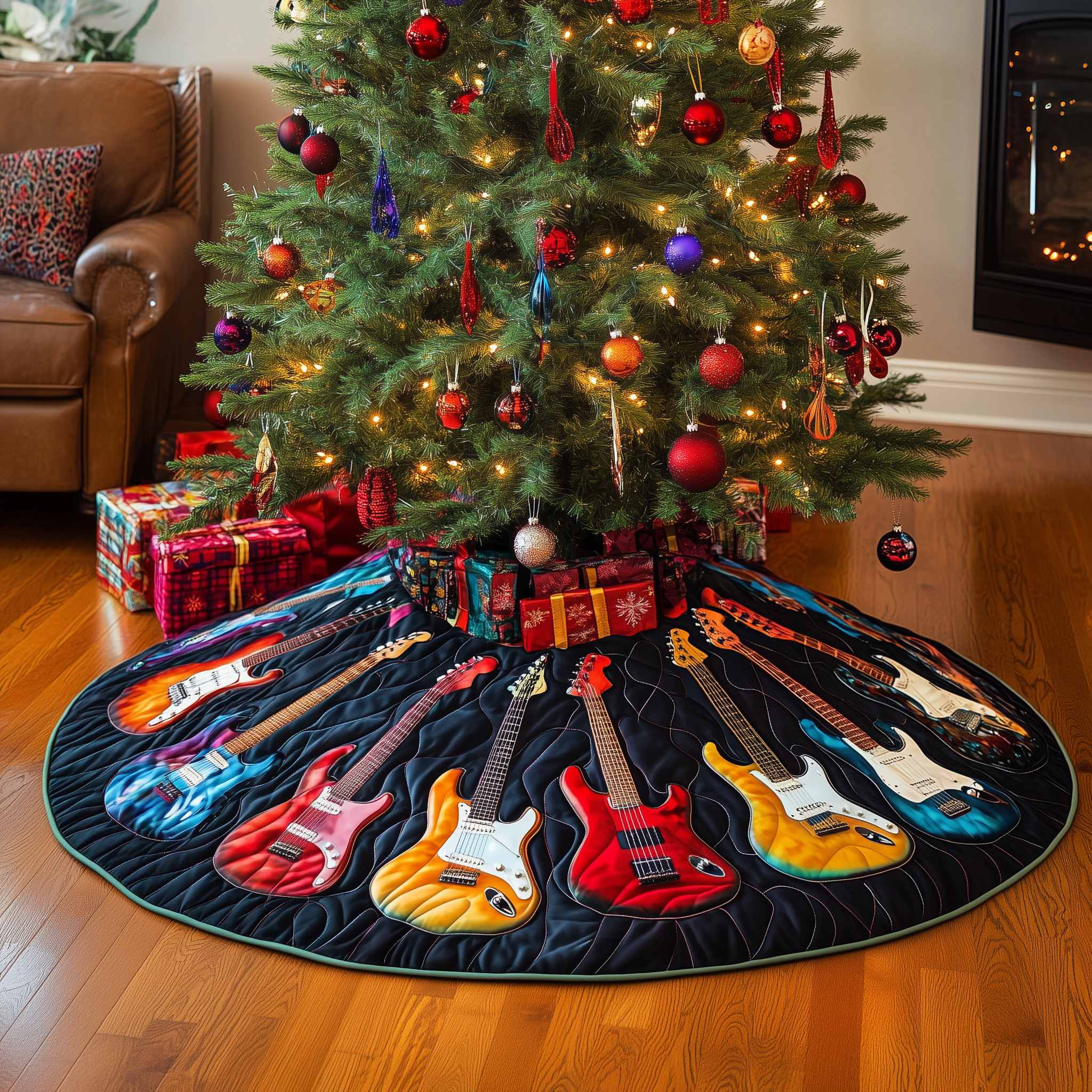 Guitars Quilted Tree Skirt Holiday Christmas Tree Base Guitar Lovers Xmas Gifts For Him