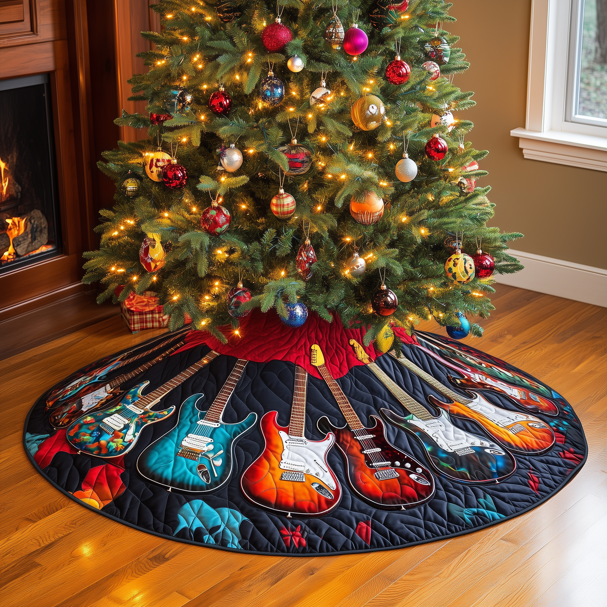 Guitars Quilted Tree Skirt Holiday Christmas Tree Base Guitar Lovers Xmas Gifts For Him