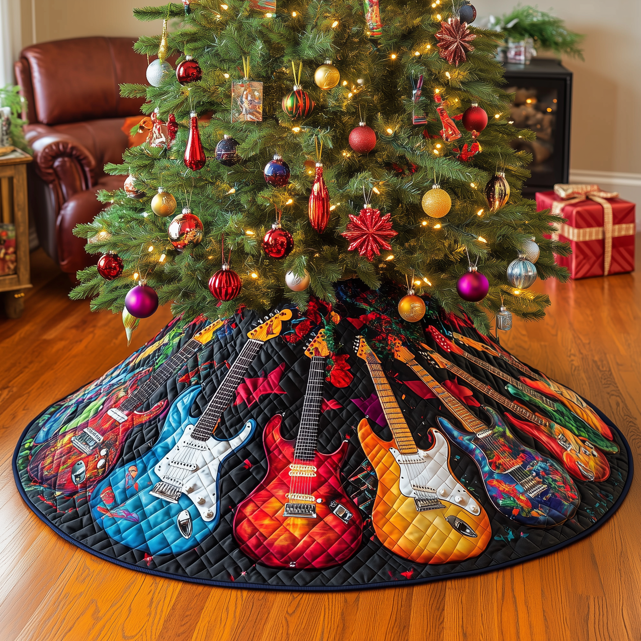 Guitars Quilted Tree Skirt Holiday Christmas Tree Base Guitar Lovers Xmas Gifts For Him