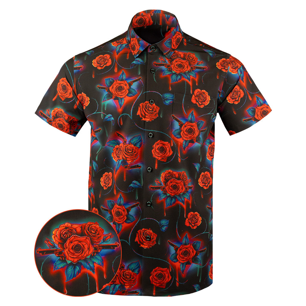 Guns And Roses Button Down Shirt Tactical Aloha Shirt Gifts For Gun Lovers
